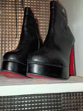 Christian Louboutin Black Leather Platform Ankle Boots with Red Sole